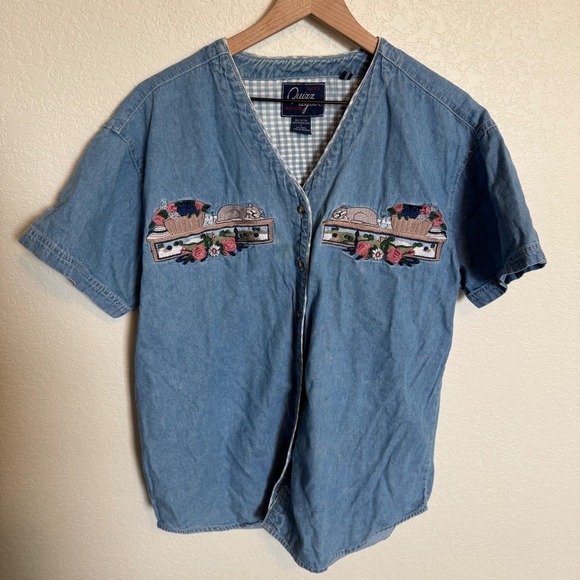 Quizz Again Tops - Vintage Cottagecore Quizz Again Embroidered Cat Denim Shirt Large Blue